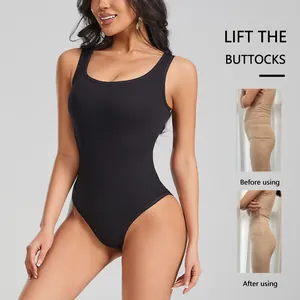 Seamless black ribbed bodysuit shapewear for tummy control and butt lifting effect