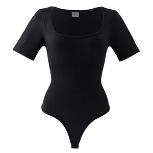 Square neck short sleeve seamless bodysuit shapewear with thong back in black