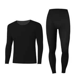 Men's high elastic thermal base layer set with long-sleeve top and leggings in black