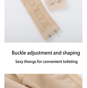 Close-up of buckle adjustment on beige thong bodysuit for convenient shaping.