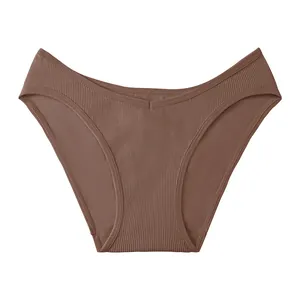 Slip comodi da donna a vita media in marrone a coste con taglio a V sul davanti