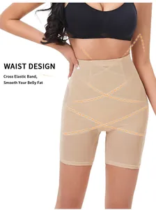 Detail view of high waist mesh cross tummy control shapewear with elastic band feature