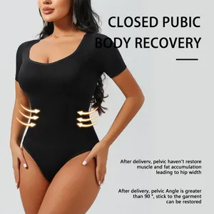Body amincissant noir sans couture avec col carré et manches courtes pour affiner la taille