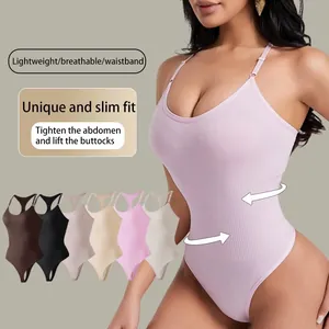 Seamless Ribbed Shapewear Bodysuit For Women Racerback Thong Shapewear Tummy Control Postpartum Recovery Body Shaper Top