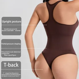 Detailed back view of a brown seamless shapewear bodysuit featuring a T-back design