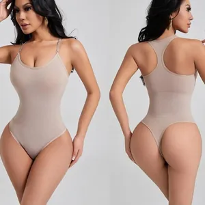 Seamless racerback shapewear bodysuit with thong bottom for postpartum tummy control