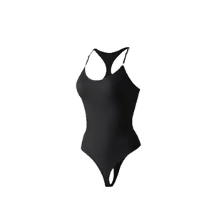 Sleeveless black seamless bodysuit shapewear with racerback and thong bottom for women