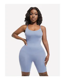 Full front view of a seamless light blue one-piece compression body shaper for women