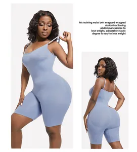 Detail view of light blue shapewear bodysuit showing slimming effect on model