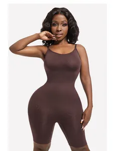 Detailed front view of high-stretch brown seamless shapewear bodysuit for tummy control
