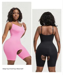 Vorder- und Rückansicht des rosa und schwarzen Bauchweg-Bodysuits mit offenem Schritt