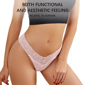 Thong sexy en dentelle rose pour femme avec design en V et taille basse sans couture