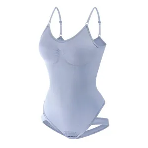 Plus size tummy control shapewear thong bodysuit in light blue with ribbed waist design