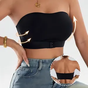 Seamless strapless front buckle bandeau bra for women, black non-slip wire-free design.