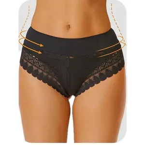 Women's sexy black lace panties with tummy control waistband and slimming effect on model
