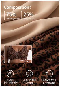 Detail des Leopardenmuster-BH-Stoffs mit 75 % Polyamid und 25 % Elasthan-Zusammensetzung.