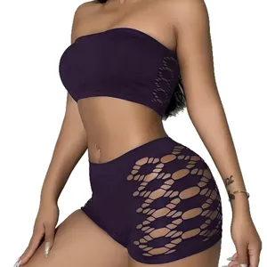 Sexy purple seamless hollow-out two-piece tube top and booty shorts lingerie set for women
