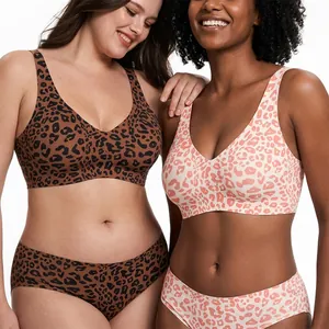 Nahtloses BH- und Slip-Set mit Leopardenmuster, V-Ausschnitt und bequemer Passform