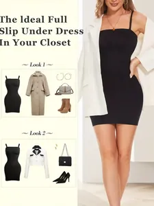 Styling ideas for black full slip under dress with various outfit combinations.