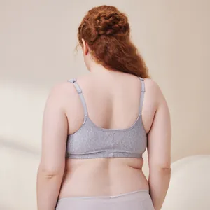 Detailed back view of a comfortable grey cotton wireless bra for plus-size women