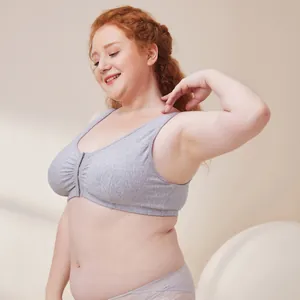 Detailed side view of a comfortable plus size grey cotton wireless front-closure bra for curvy women