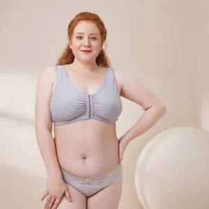Comfortable plus size grey cotton wireless bra set with breathable front closure design