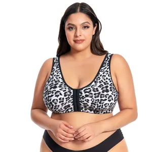 Detail view of plus size leopard print bra with comfortable front closure