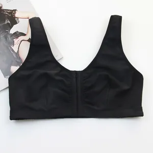 Front view of a black plus size wireless cotton bra with supportive front closure.