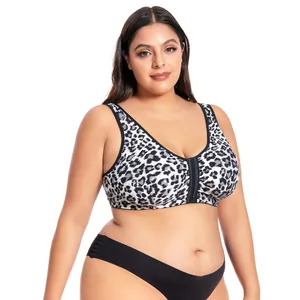 Front closure leopard print plus size bra on model, wireless comfortable design