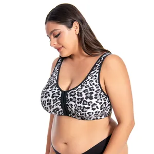 Detailed view of plus size leopard print front closure wire-free bra for large chest