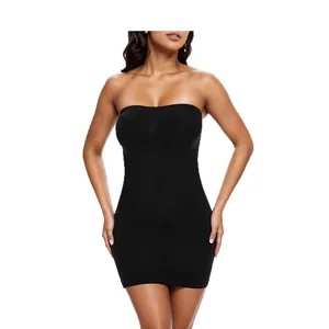 Seamless black strapless shapewear slip dress for women with tummy control