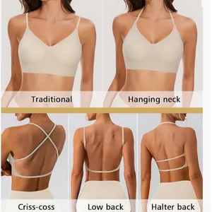 Seamless multi-way bra with low back design featuring five different strap wearing styles