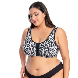 Detail of plus size front closure wireless bra with leopard print and wide straps