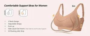 Detailed feature breakdown showing the seamless V-neck push-up wireless bra design