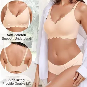 Detail view of seamless scalloped wireless bra showing support underband and side wings.