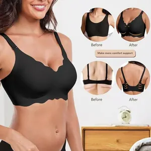 Detailed before and after comparison of black scalloped seamless wireless push-up bra