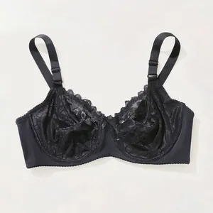 Elegant black lace plus size bra with intricate floral patterns and wide straps