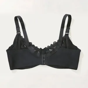 Detailed back view of a plus size black lace bra featuring adjustable straps and hook eye closure
