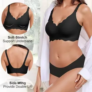 Detailed view of a black seamless scalloped bra highlighting soft-stretch support features.