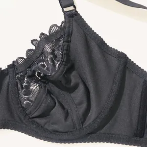 Close-up macro view of delicate black floral lace and cup construction of plus size bra