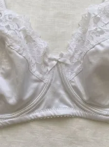 Detailed view of white satin plus size bra with delicate floral lace and bow