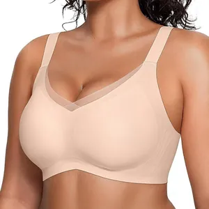 Dames Plus Size Naadloze Draadloze Beha Mesh V-Hals Push Up Gewatteerde Bralette Met Zachte Ondersteuning Dagelijkse Lingerie Top