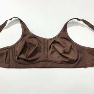 Macro view of the ultra-thin cups and stitching on this brown wireless plus size bra