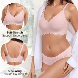 Detail view of a seamless scalloped bra with soft stretch support underband fabric