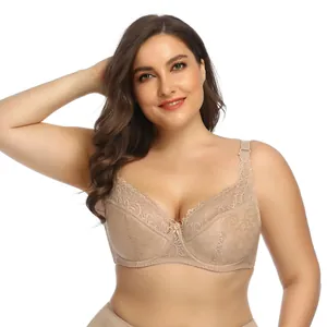 Atmungsaktiver Spitzen-BH in Übergröße, Beige, mit stützenden breiten Trägern für Komfort.