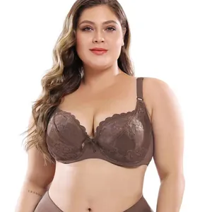 Detailed view of brown lace bra showing delicate embroidery for full-figure women
