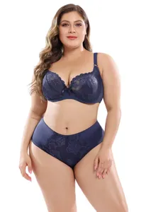 Full-body view of a plus-size navy blue lace bra and high-waist panty set on a white background