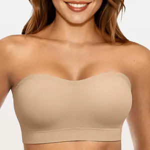 Reggiseno a fascia push-up senza spalline da donna con trama a costine di supporto beige