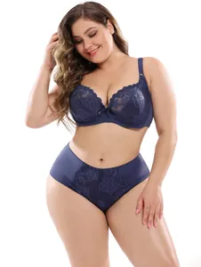 Detailed front view of sexy dark blue lace plus size lingerie set for curvy women