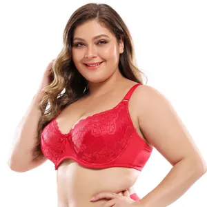Detailed close-up of a red lace plus size bra designed for full figure women with DE cups